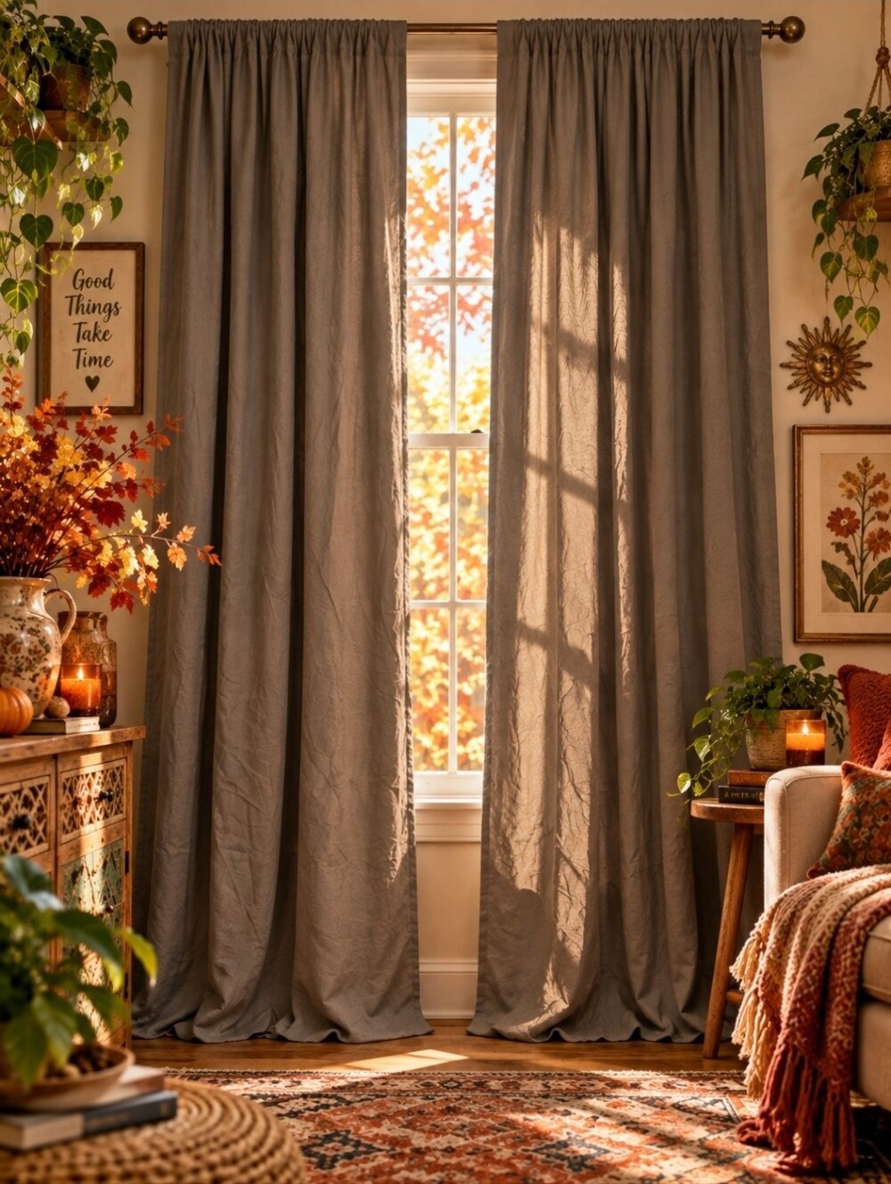 Boho Brow Taupe Curtain Panels 42x80 Cottagecore 70s Vintage-Inspired Burrowcore